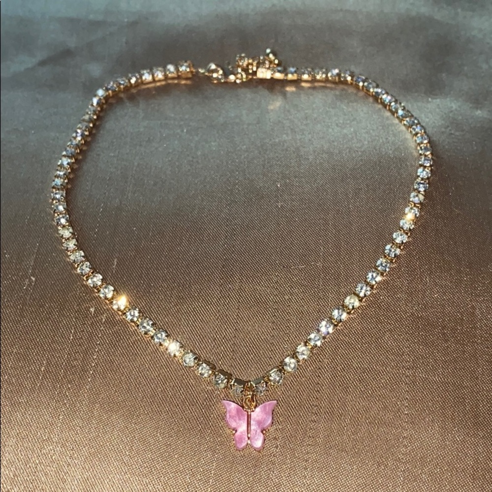 Pink butterfly rhinestone choker
